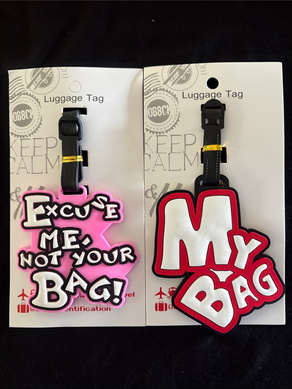 Red and Hot Pink Silicone Luggage Tags - Set of 2 Funny Phrases